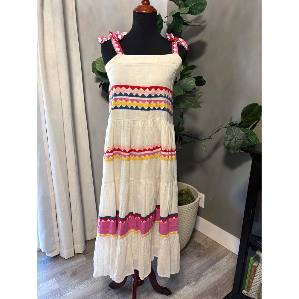 Carolina K Womens Cotton Embroidered Tiered Maxi Dress Cream Boho Tie Strap L
